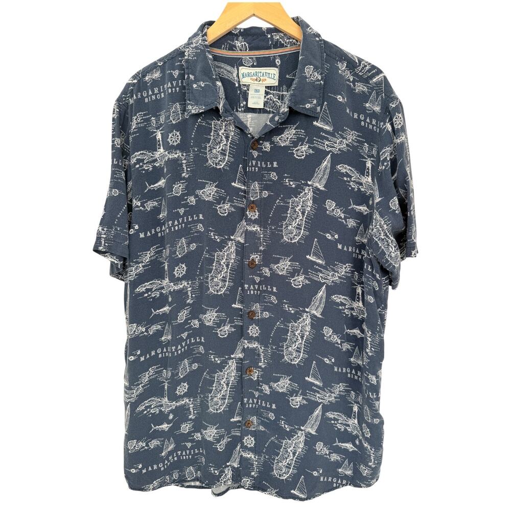 Margaritaville Hawaiian Shirt Mens XL Blue Rayon Tropical Map Print Button Up
